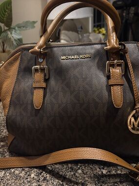 Michael Kors Brown and Tan Signature Satchel with Gold Logo